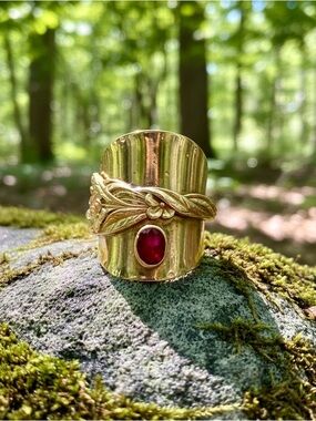 Sterling Silver OOAK Spoon Ring Red Spinel Gemstone 8.5 adjustable